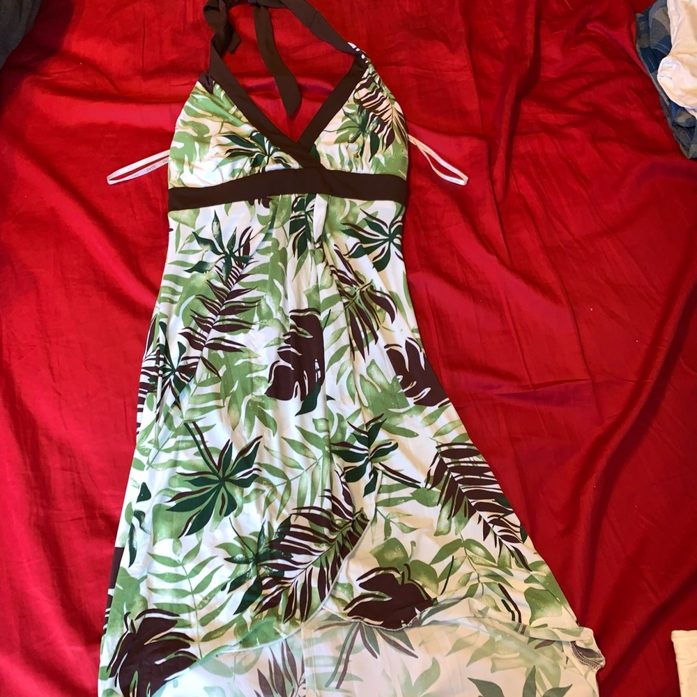 Halter dress mid length and longer in back.